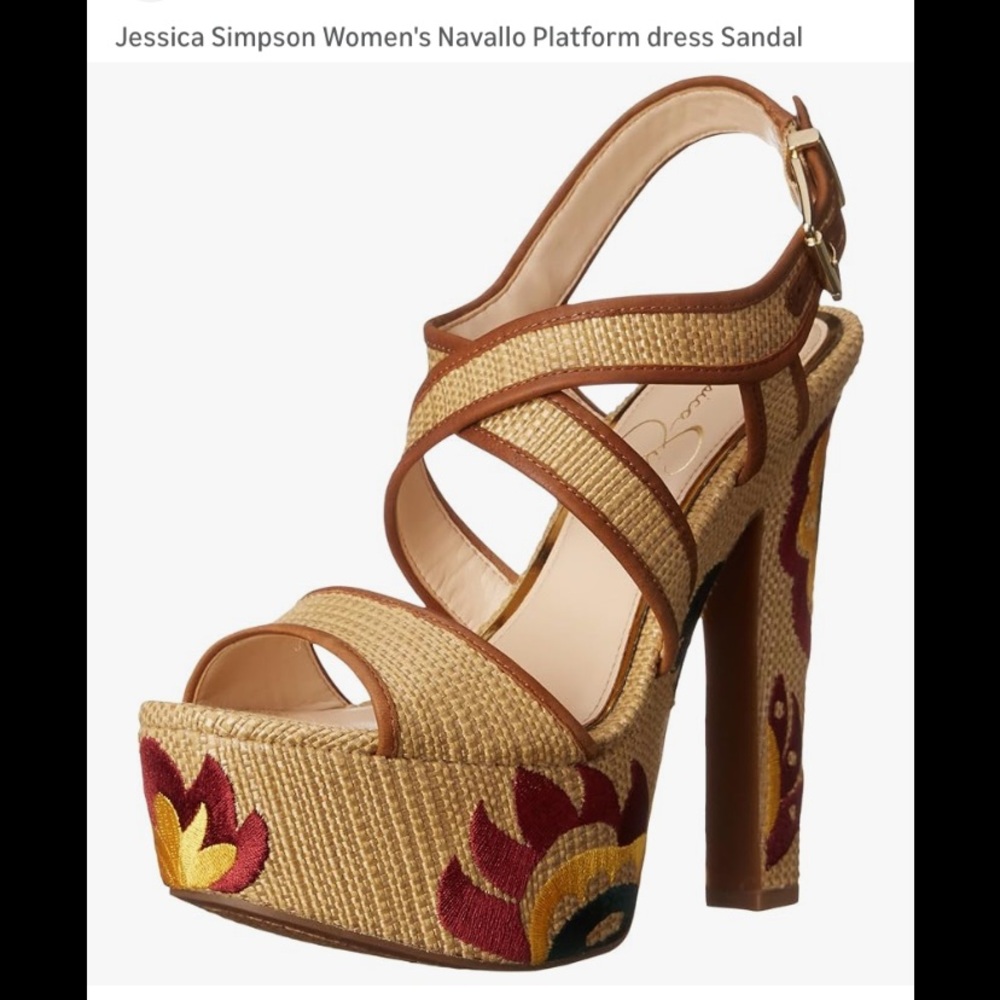 Jessica Simpson Tan Platform Sandal with Burgundy & Yellow Embroidery